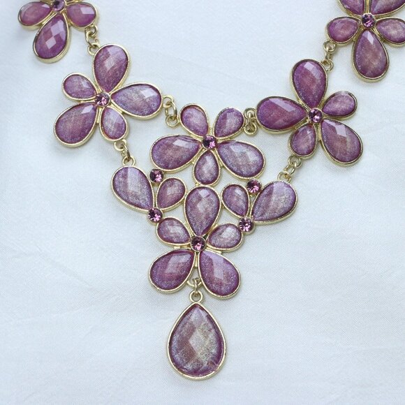 Purple Floral Statement Necklace | Gold-Tone Chain - Picture 3 of 5